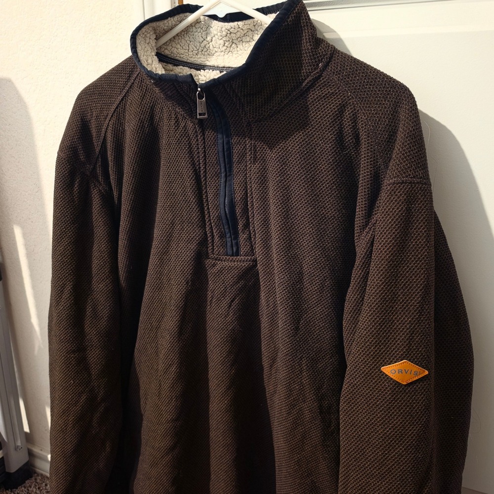 Orvis Mens XL Brown Waffle Knit Sherpa Lined Quarter Zip Pullover Sweater